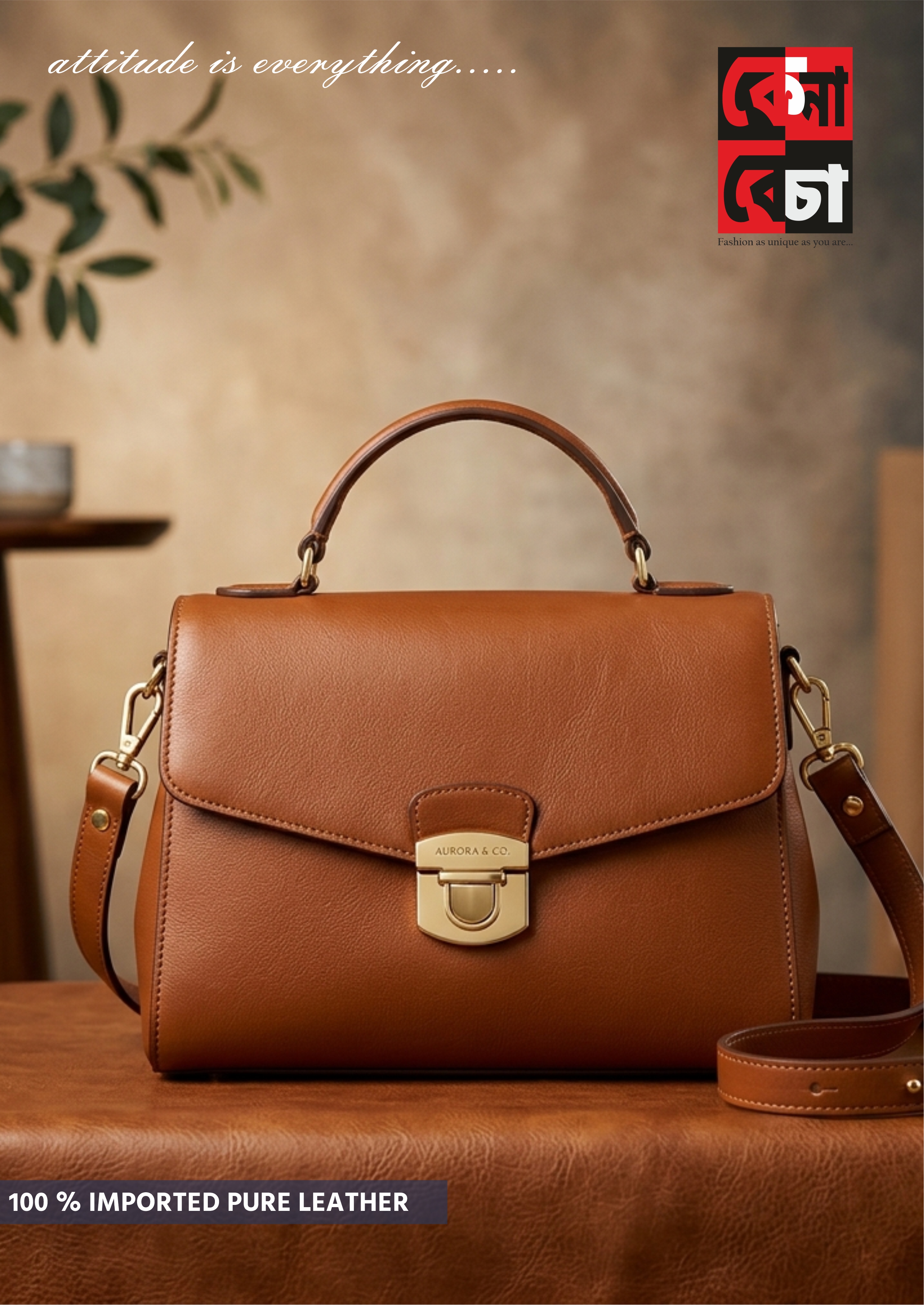 KENA BECHA Classic Tan Brown Leather Handbag